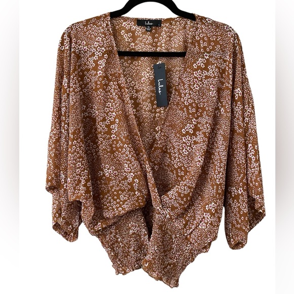 Lulus Tops - Lulu’s Promises Kept Brown Floral Print Sheer Smocked Top size X-Large